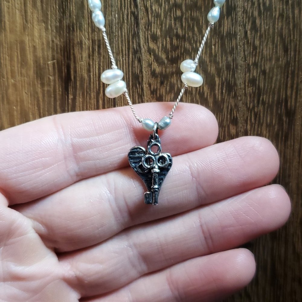 18 Inch 925 Sterling & Cord Pearls Heart Key Necklace